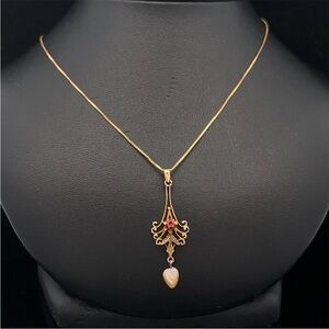 Antique Art Nouveau 10k Yellow Gold Ruby Baroque Pearl Lavalier Pendant Necklace